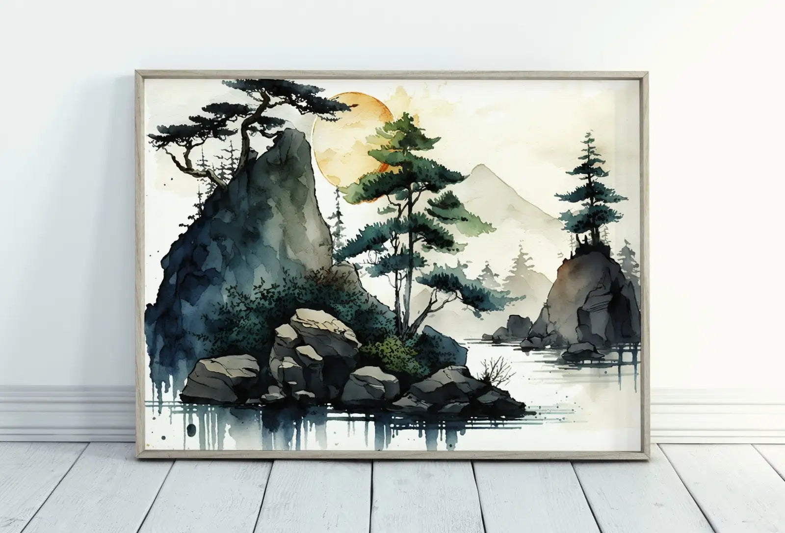 Included artwork preview showing first selection of artworks from Abstract Japanese Mountain Watercolor Painting. Zen Printable Nature Art. Colorful Forest Landscape. Mountain Forest Art. Printable Wall Art.