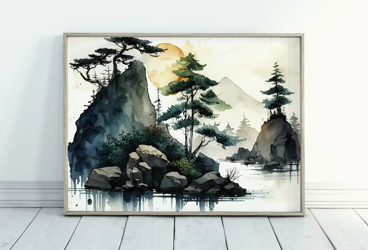 Abstract Japanese Mountain Watercolor Painting. Zen Printable Nature Art. Colorful Forest Landscape. Mountain Forest Art. Printable Wall Art