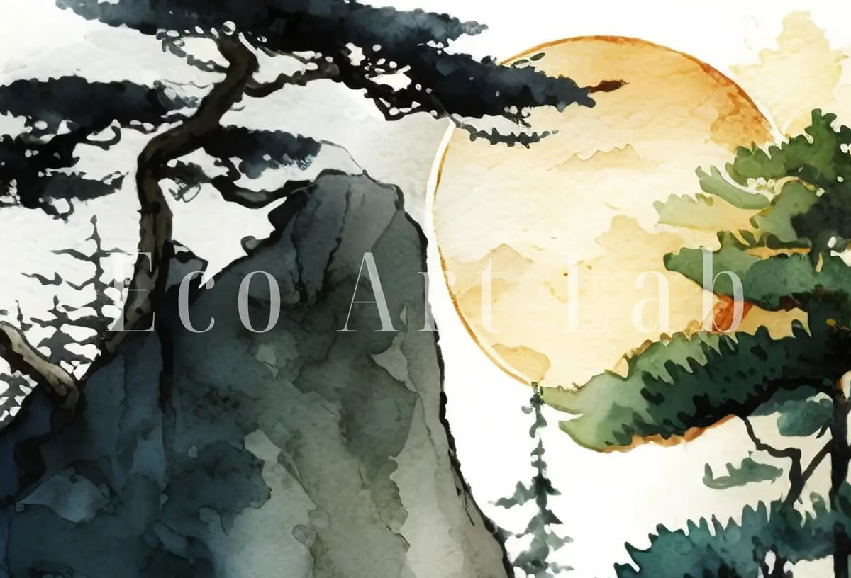 Abstract Japanese Mountain Watercolor Painting. Zen Printable Nature Art. Colorful Forest Landscape. Mountain Forest Art. Printable Wall Art