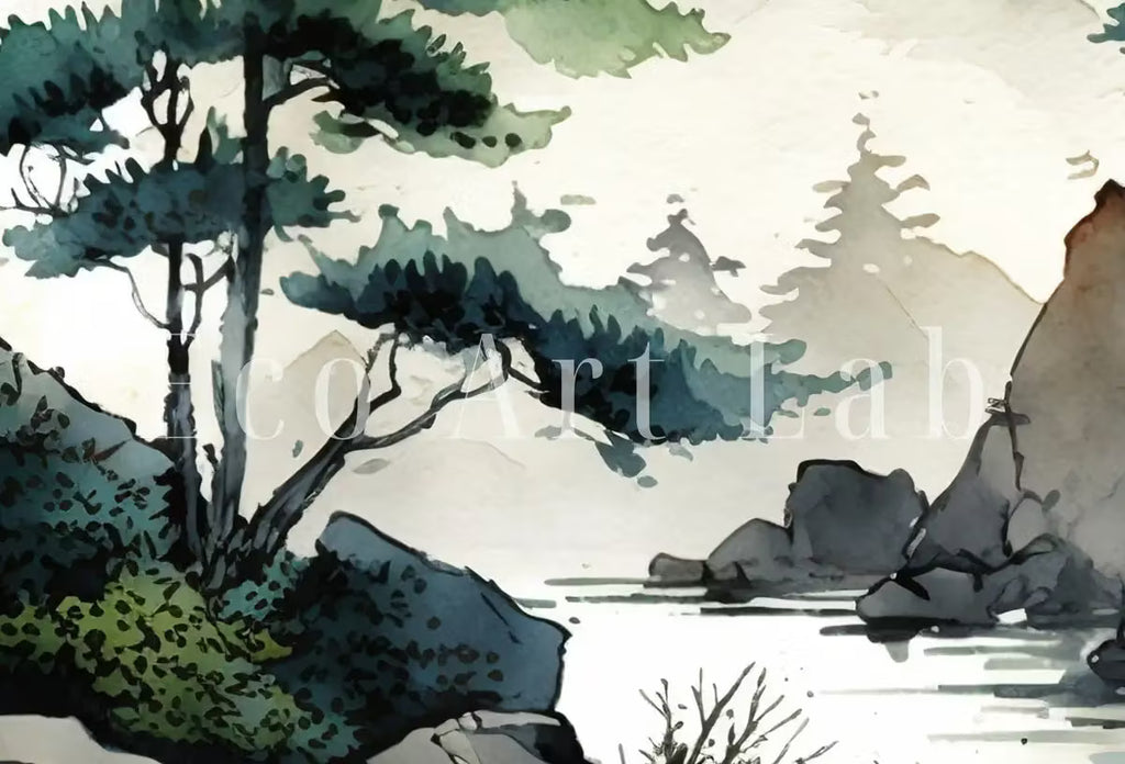 Abstract Japanese Mountain Watercolor Painting. Zen Printable Nature Art. Colorful Forest Landscape. Mountain Forest Art. Printable Wall Art