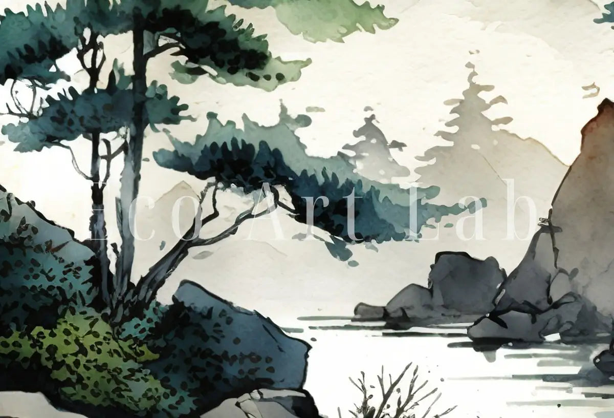 Detail view of artwork from Abstract Japanese Mountain Watercolor Painting. Zen Printable Nature Art. Colorful Forest Landscape. Mountain Forest Art. Printable Wall Art. (variation 2)