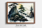 Framed view of Abstract Japanese Mountain Watercolor Painting. Zen Printable Nature Art. Colorful Forest Landscape. Mountain Forest Art. Printable Wall Art – printable wall art digital download.