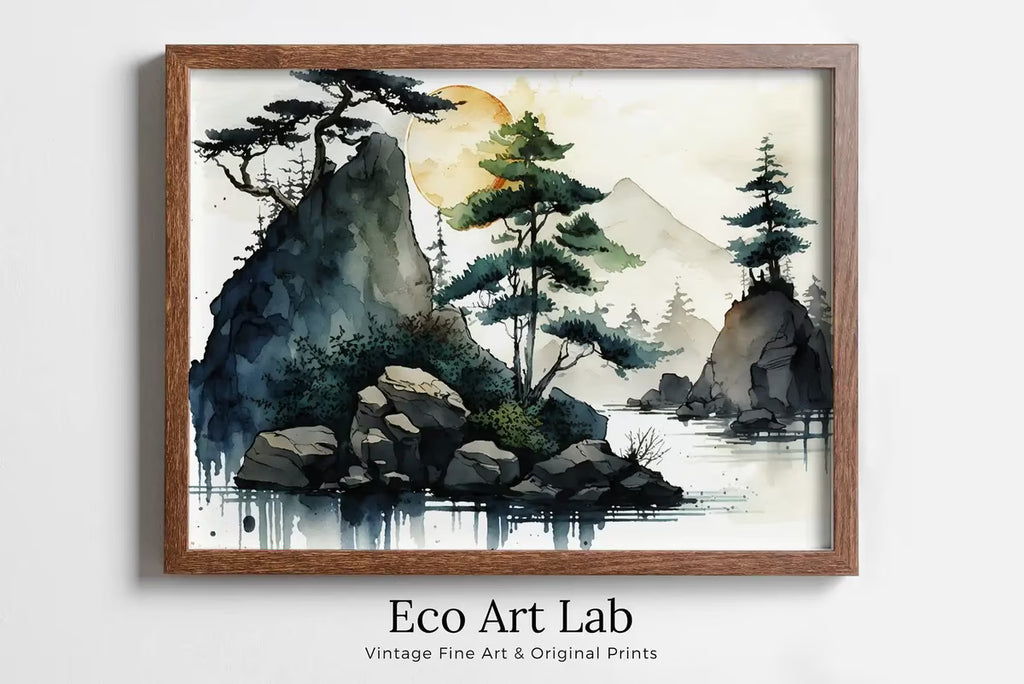 Abstract Japanese Mountain Watercolor Painting. Zen Printable Nature Art. Colorful Forest Landscape. Mountain Forest Art. Printable Wall Art