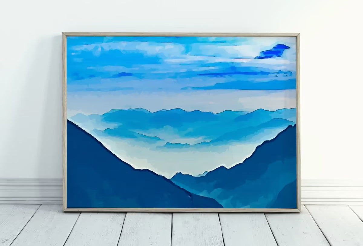 Abstract Mountain Landscape Wall Art Print. Blue Watercolor Nature Art Print. Instant Download Printable Wall Art. Mountain Digital Painting