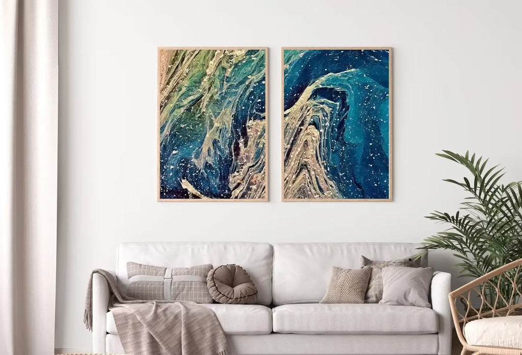 Abstract Wall Art Set of 2 Prints. Fluid Art Painting. Downloadable Prints. Abstract Art Print,  Blue and Gold Art – Printable Wall Art Set