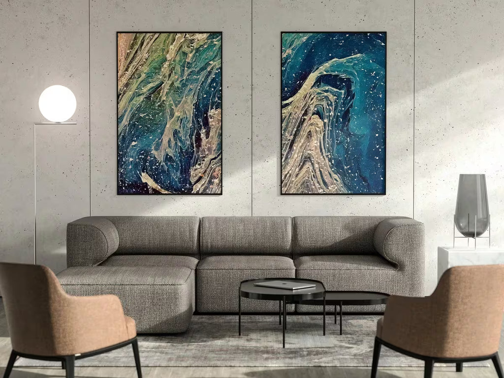 Abstract Wall Art Set of 2 Prints. Fluid Art Painting. Downloadable Prints. Abstract Art Print,  Blue and Gold Art – Printable Wall Art Set