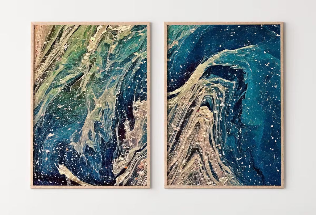 Abstract Wall Art Set of 2 Prints. Fluid Art Painting. Downloadable Prints. Abstract Art Print,  Blue and Gold Art – Printable Wall Art Set