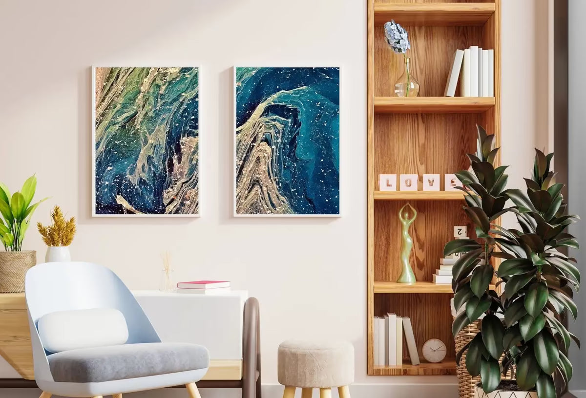 Abstract Wall Art Set of 2 Prints. Fluid Art Painting. Downloadable Prints. Abstract Art Print,  Blue and Gold Art – Printable Wall Art Set