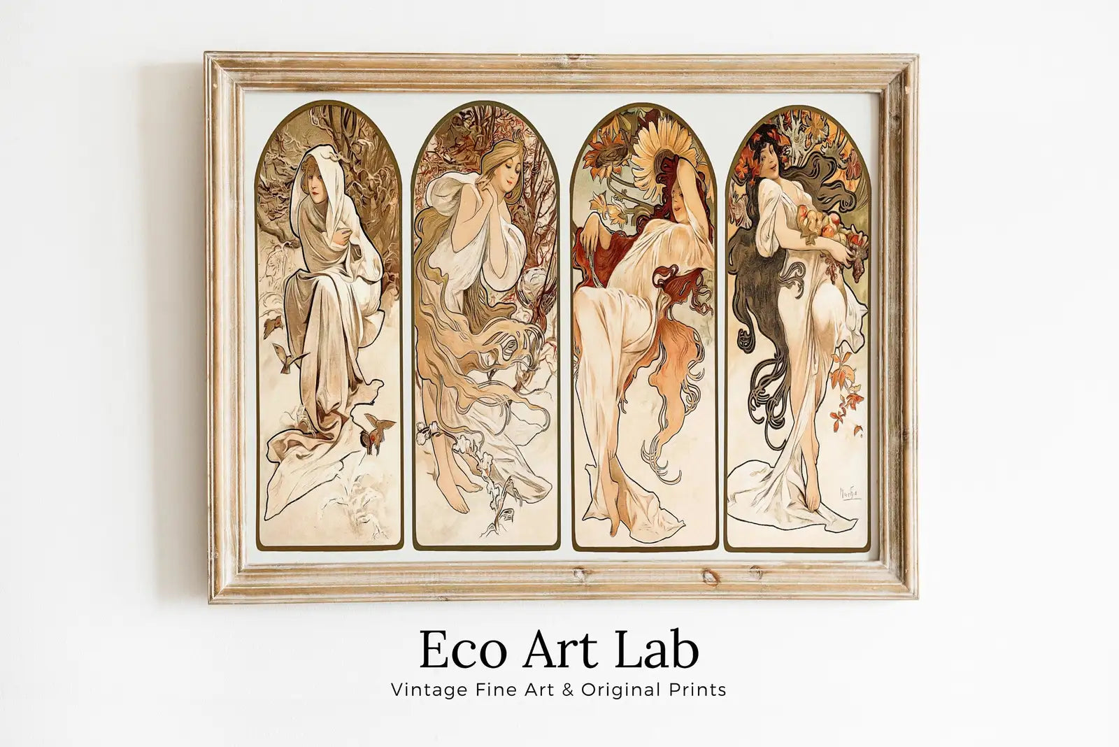 Framed view of Alphonse Mucha 4 Seasons Print. Art Nouveau Poster. Vintage Painting Famous Art Print. Seasons Women Illustration. Printable Wall Art – printable wall art digital download.