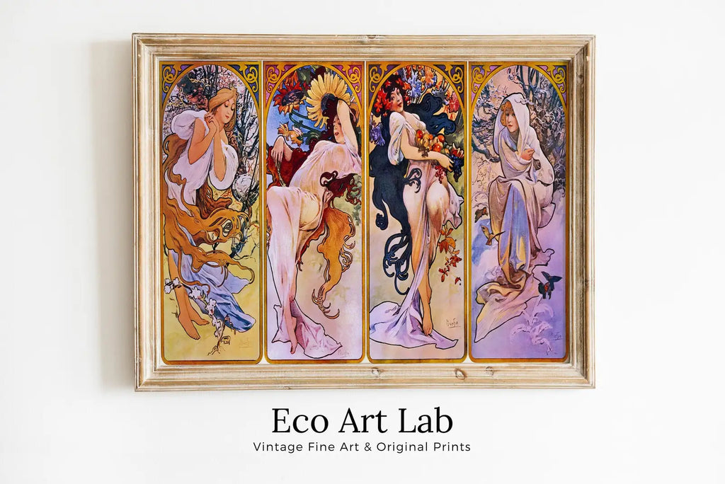 Framed view of Alphonse Mucha Print Art Nouveau Poster. Vintage Painting Famous Art Print. Seasons Women Illustration. Printable Wall Art – printable wall art digital download.