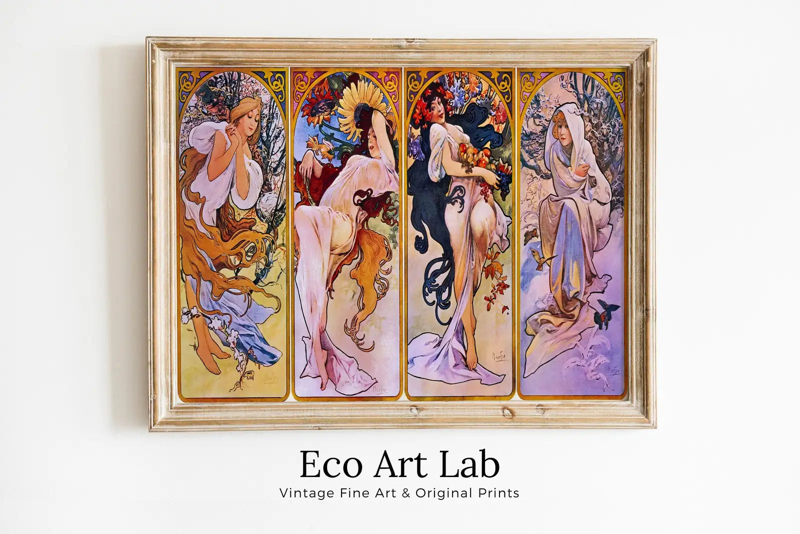 Framed view of Alphonse Mucha Print Art Nouveau Poster. Vintage Painting Famous Art Print. Seasons Women Illustration. Printable Wall Art – printable wall art digital download.