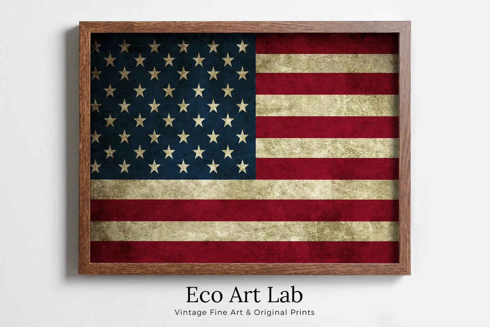 Framed view of American Flag Printable Wall Art. Patriotic Decor. USA Art. United States Flag Digital Download Art. Distressed Flag Printable Poster. – printable wall art digital download.