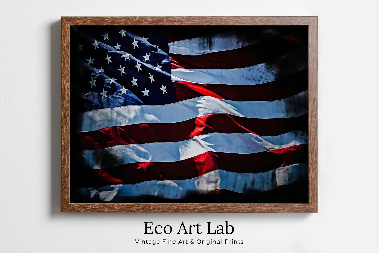 Framed view of American Flag Printable Wall Art. United States Flag Digital Download Art. Distressed Flag Printable Poster. Patriotic Decor. USA Art – printable wall art digital download.
