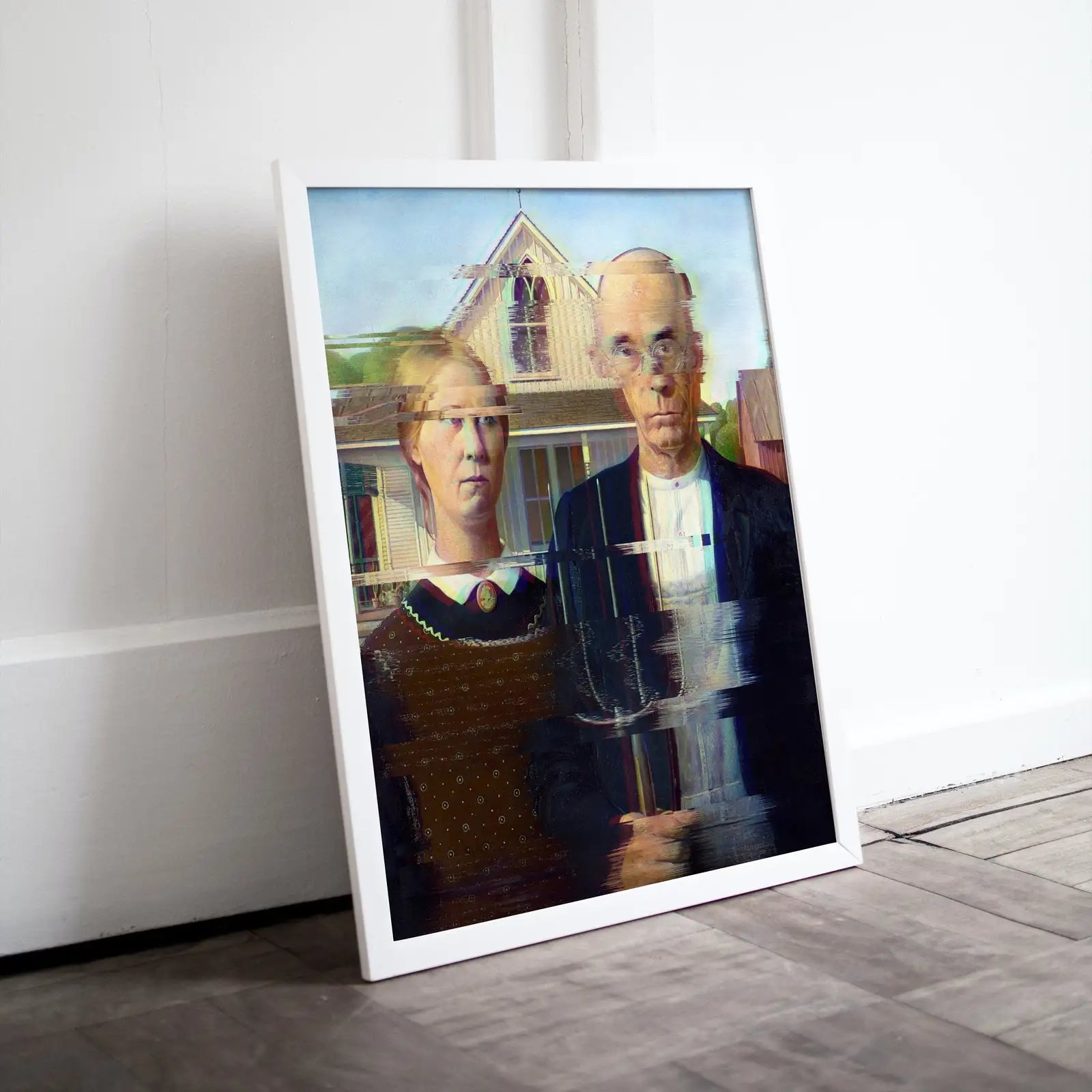 Included artwork preview showing first selection of artworks from American Gothic Glitch Art Altered Classic Painting. Surreal Portrait Downloadable Print. Altered Vintage Famous Grant Wood Printable Art.