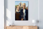 Detail view of artwork from American Gothic Glitch Art Altered Classic Painting. Surreal Portrait Downloadable Print. Altered Vintage Famous Grant Wood Printable Art. (variation 1)