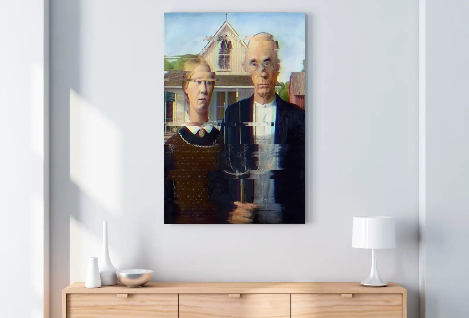 Detail view of artwork from American Gothic Glitch Art Altered Classic Painting. Surreal Portrait Downloadable Print. Altered Vintage Famous Grant Wood Printable Art. (variation 1)