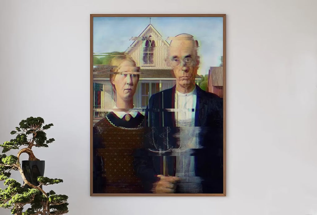 American Gothic Glitch Art Altered Classic Painting. Surreal Portrait Downloadable Print. Altered Vintage Famous Grant Wood Printable Art – Printable Wall Art