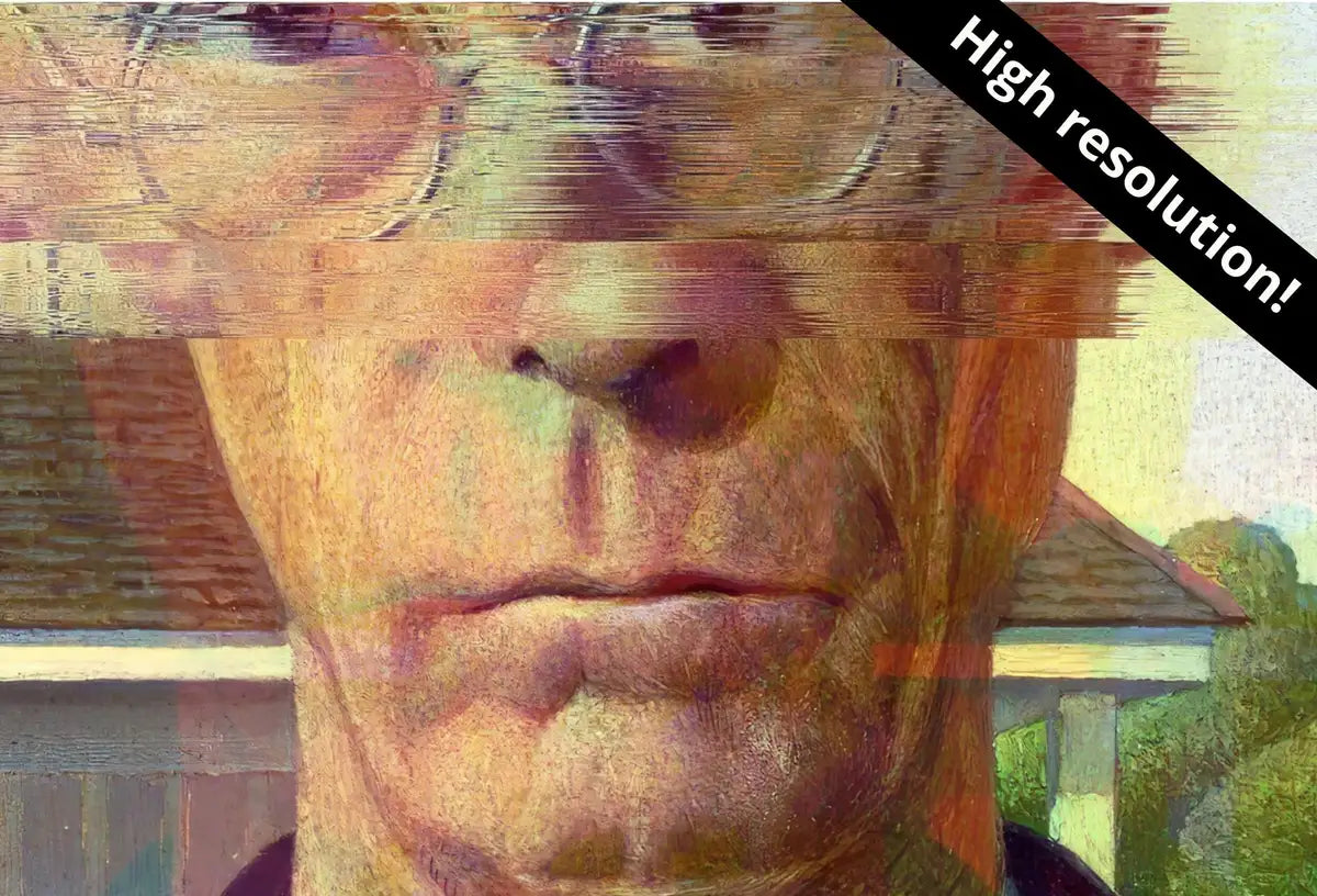 Detail view of artwork from American Gothic Glitch Art Altered Classic Painting. Surreal Portrait Downloadable Print. Altered Vintage Famous Grant Wood Printable Art. (variation 2)