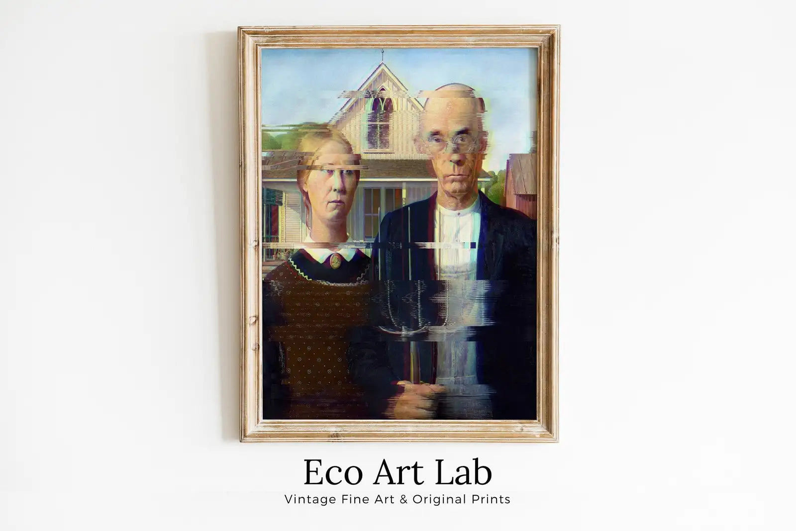 Framed view of American Gothic Glitch Art Altered Classic Painting. Surreal Portrait Downloadable Print. Altered Vintage Famous Grant Wood Printable Art – printable wall art digital download.
