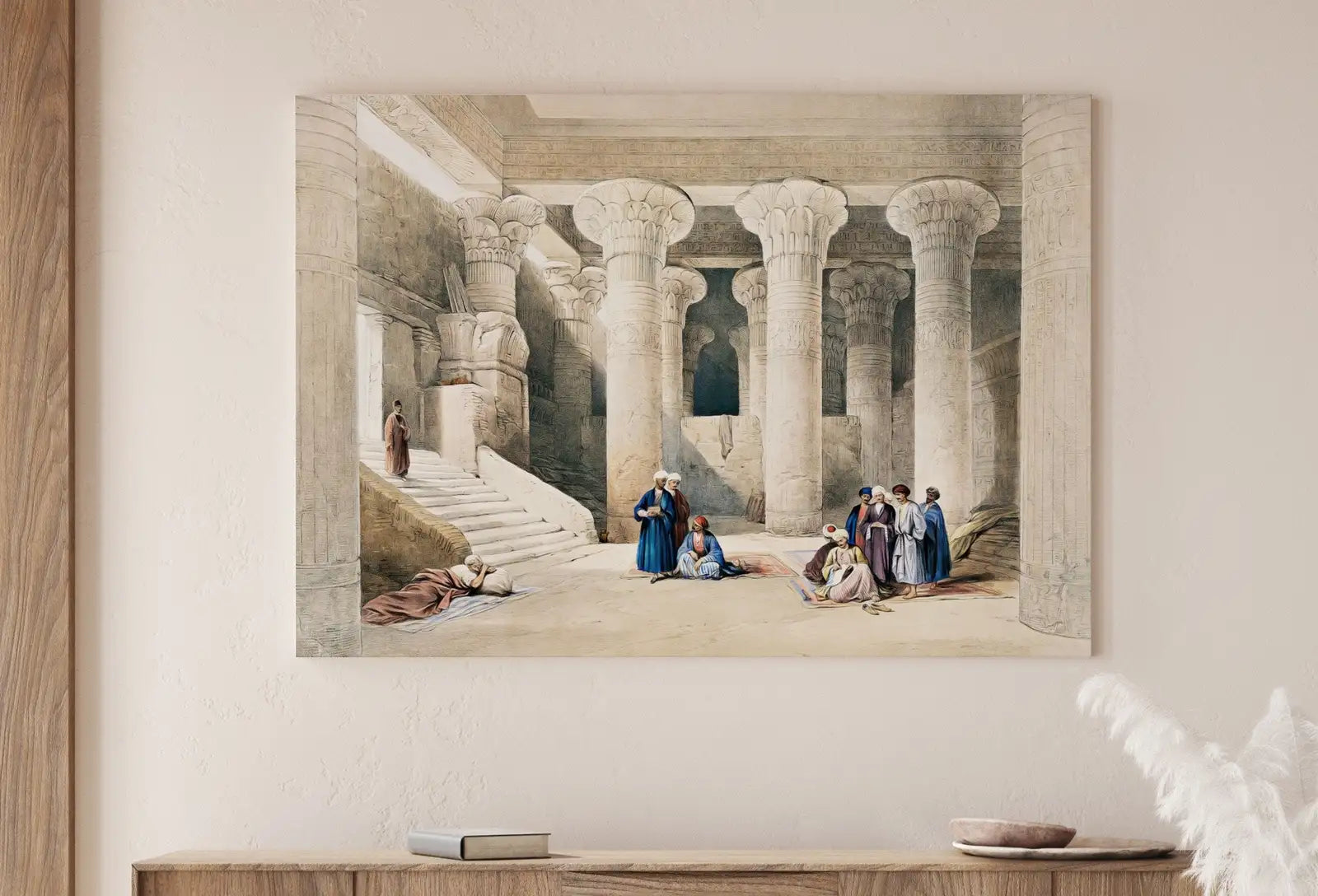Detail view of artwork from Ancient Egyptian Wall Art. Egyptian Nubia Temple Interior. Egyptian Hieroglyphics. Printable Vintage Egyptian Architecture Digital Download. (variation 1)