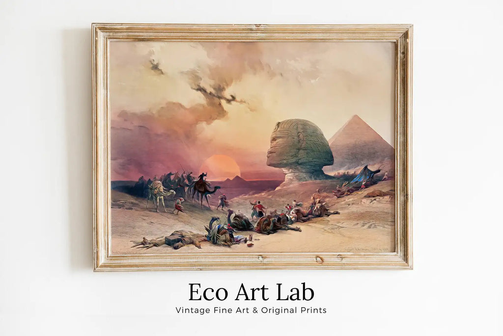 Framed view of Ancient Egyptian Wall Art. Great Sphinx of Giza & Pyramid. Egyptian Art Print. Printable Art. Vintage Egyptian Landscape. Digital Download – printable wall art digital download.