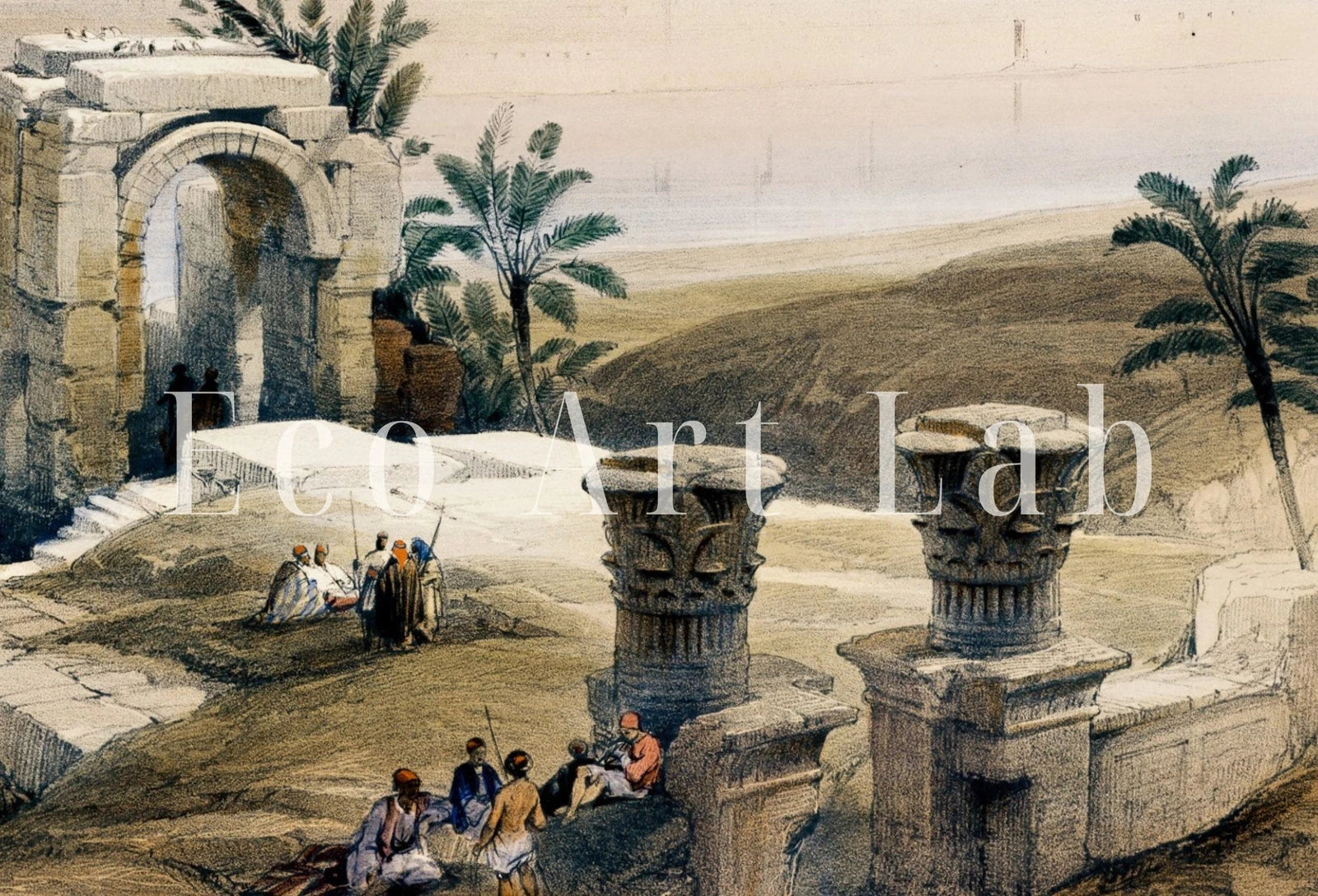 Detail view of artwork from Ancient Egyptian Wall Art. Island of Philae Vintage Landscape. Egyptian Art Print. Printable Art Vintage Egyptian Landscape Digital Download. (variation 1)