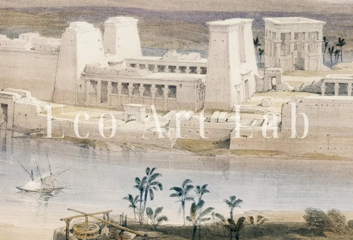 Detail view of artwork from Ancient Egyptian Wall Art. Island of Philae Vintage Landscape. Egyptian Art Print. Printable Art Vintage Egyptian Landscape Digital Download. (variation 2)