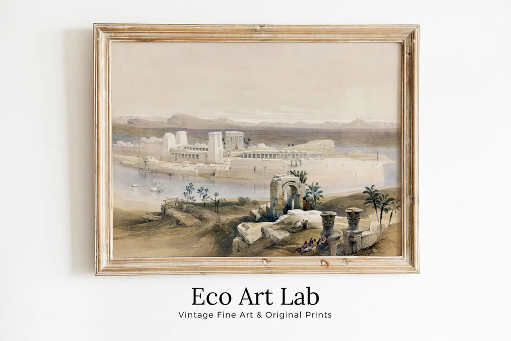 Framed view of Ancient Egyptian Wall Art. Island of Philae Vintage Landscape. Egyptian Art Print. Printable Art Vintage Egyptian Landscape Digital Download – printable wall art digital download.
