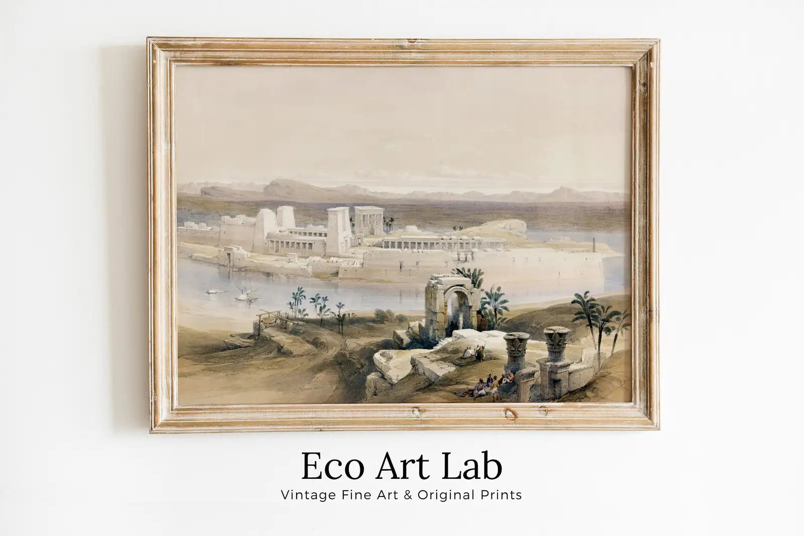 Framed view of Ancient Egyptian Wall Art. Island of Philae Vintage Landscape. Egyptian Art Print. Printable Art Vintage Egyptian Landscape Digital Download – printable wall art digital download.