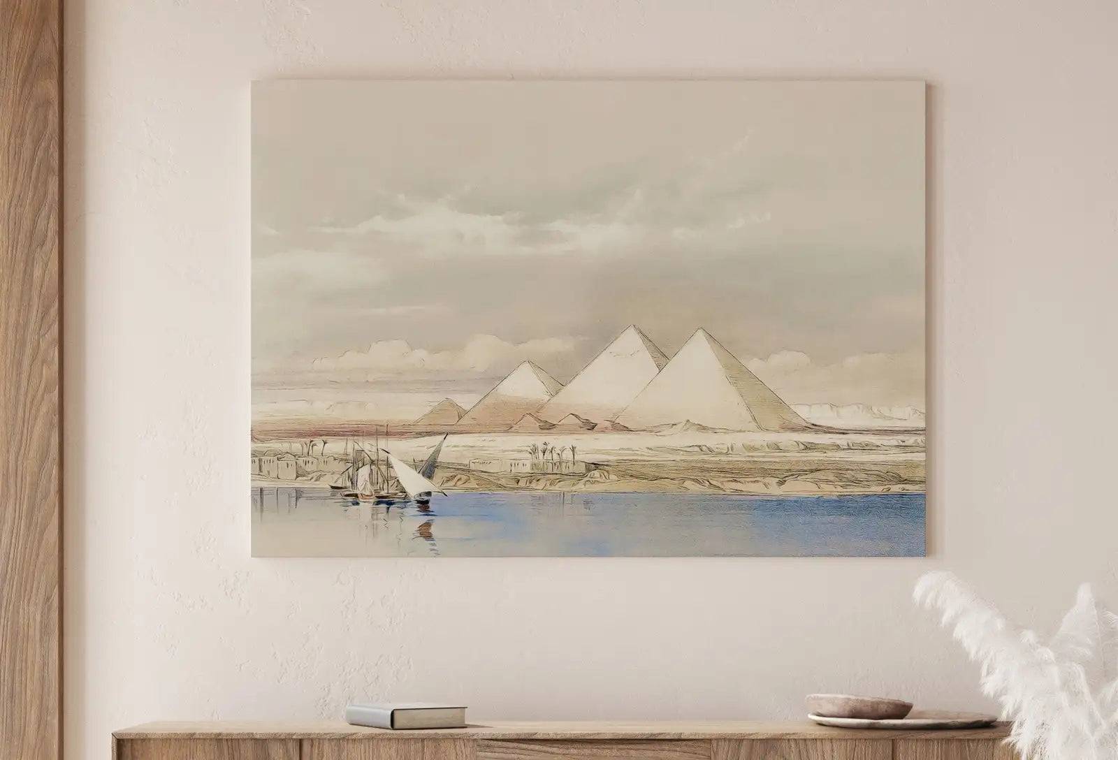 Detail view of artwork from Ancient Egyptian Wall Art. Pyramids from the Nile Vintage Landscape. Egyptian Art Print. Printable Art Vintage Egyptian Art Digital Download. (variation 1)