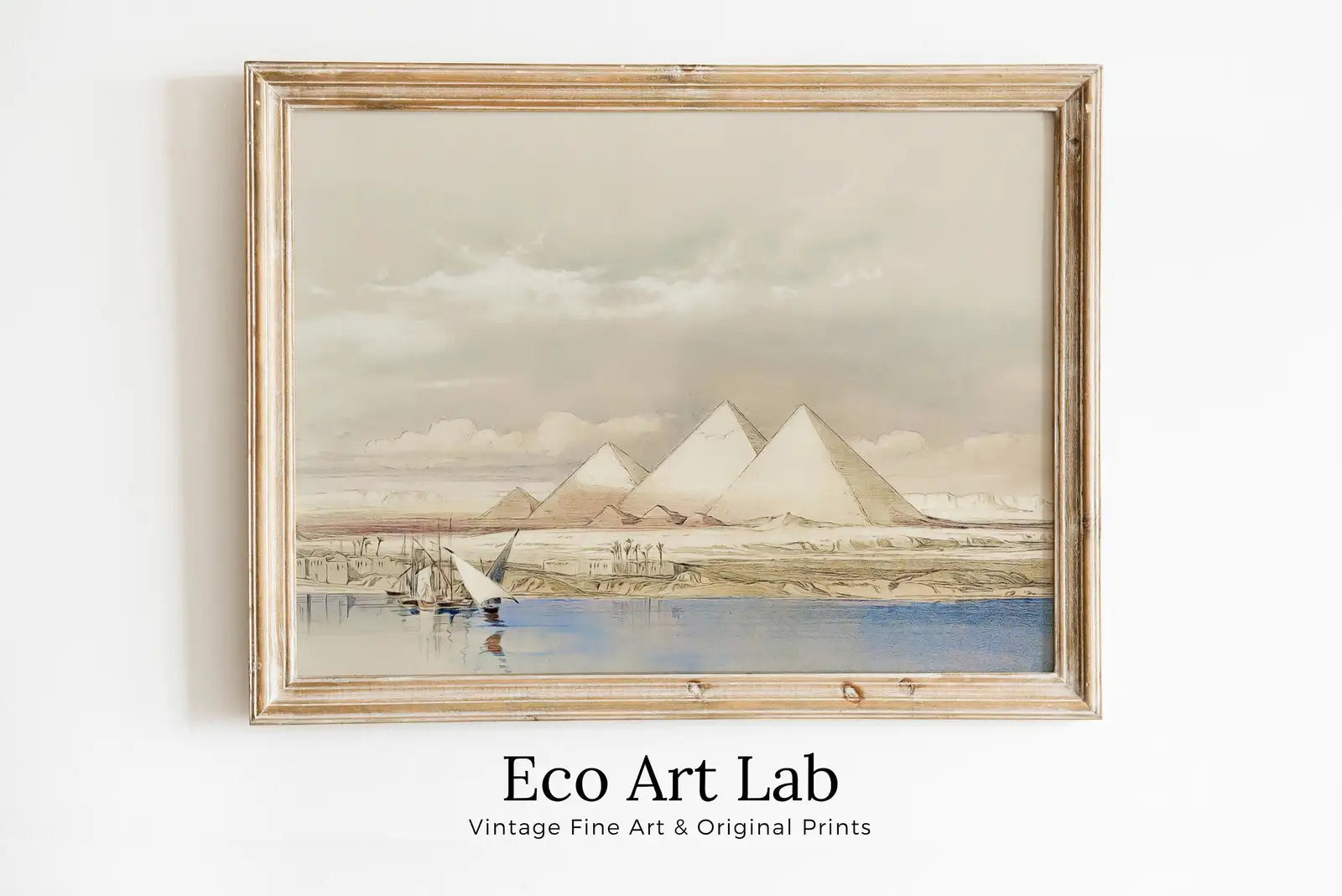 Framed view of Ancient Egyptian Wall Art. Pyramids from the Nile Vintage Landscape. Egyptian Art Print. Printable Art Vintage Egyptian Art Digital Download – printable wall art digital download.