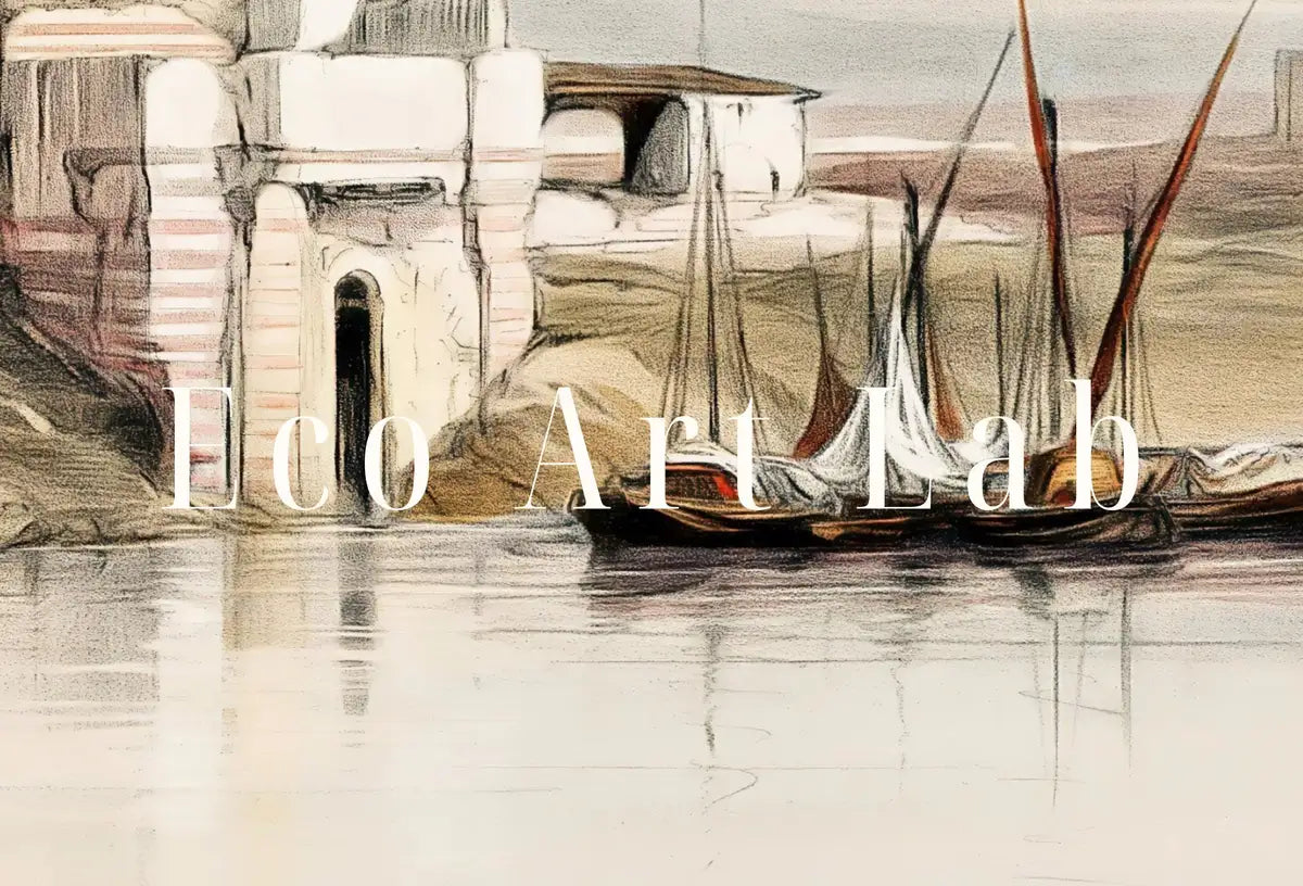 Detail view of artwork from Ancient Egyptian Wall Art. The Nile in Cairo. Egyptian Art Print. Nautical Printable Wall Art. Vintage Egyptian Landscape. Digital Download. (variation 2)
