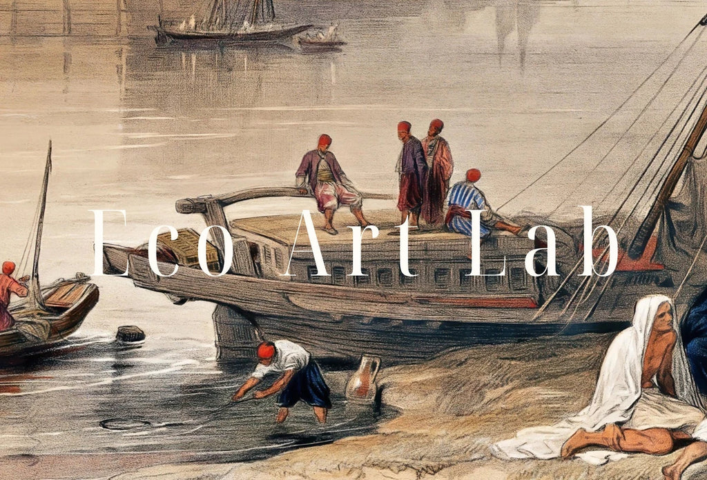 Detail view of artwork from Ancient Egyptian Wall Art. View on the Nile. Egyptian Art Print. Antique Printable Wall Art. Vintage Egyptian Landscape. Digital Download. (variation 2)