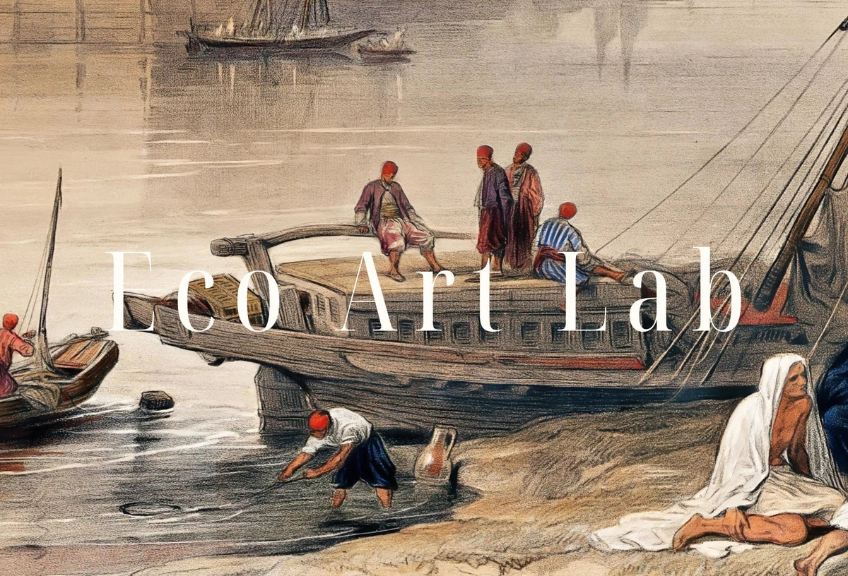 Detail view of artwork from Ancient Egyptian Wall Art. View on the Nile. Egyptian Art Print. Antique Printable Wall Art. Vintage Egyptian Landscape. Digital Download. (variation 2)