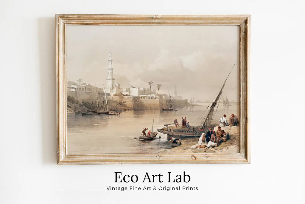 Framed view of Ancient Egyptian Wall Art. View on the Nile. Egyptian Art Print. Antique Printable Wall Art. Vintage Egyptian Landscape. Digital Download – printable wall art digital download.