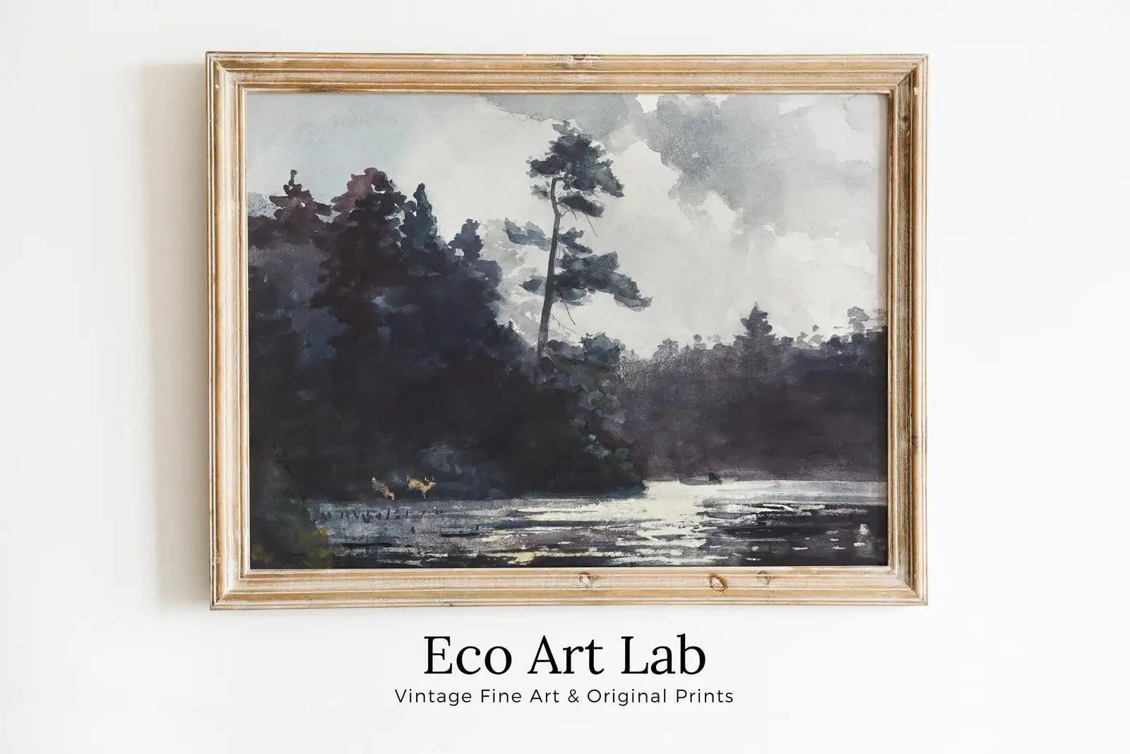 Framed view of Antique Lake Painting Vintage Print. Rustic Moody Watercolor Landscape Painting. Lake House Decor. Printable Art. Downloadable – printable wall art digital download.
