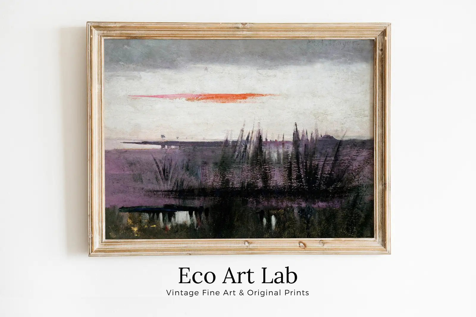 Framed view of Antique Moody Abstract Lake Landscape Oil Painting. Instant Download Rustic Printable Wall Art. Abstract Vintage Lake Painting Digital Print – printable wall art digital download.
