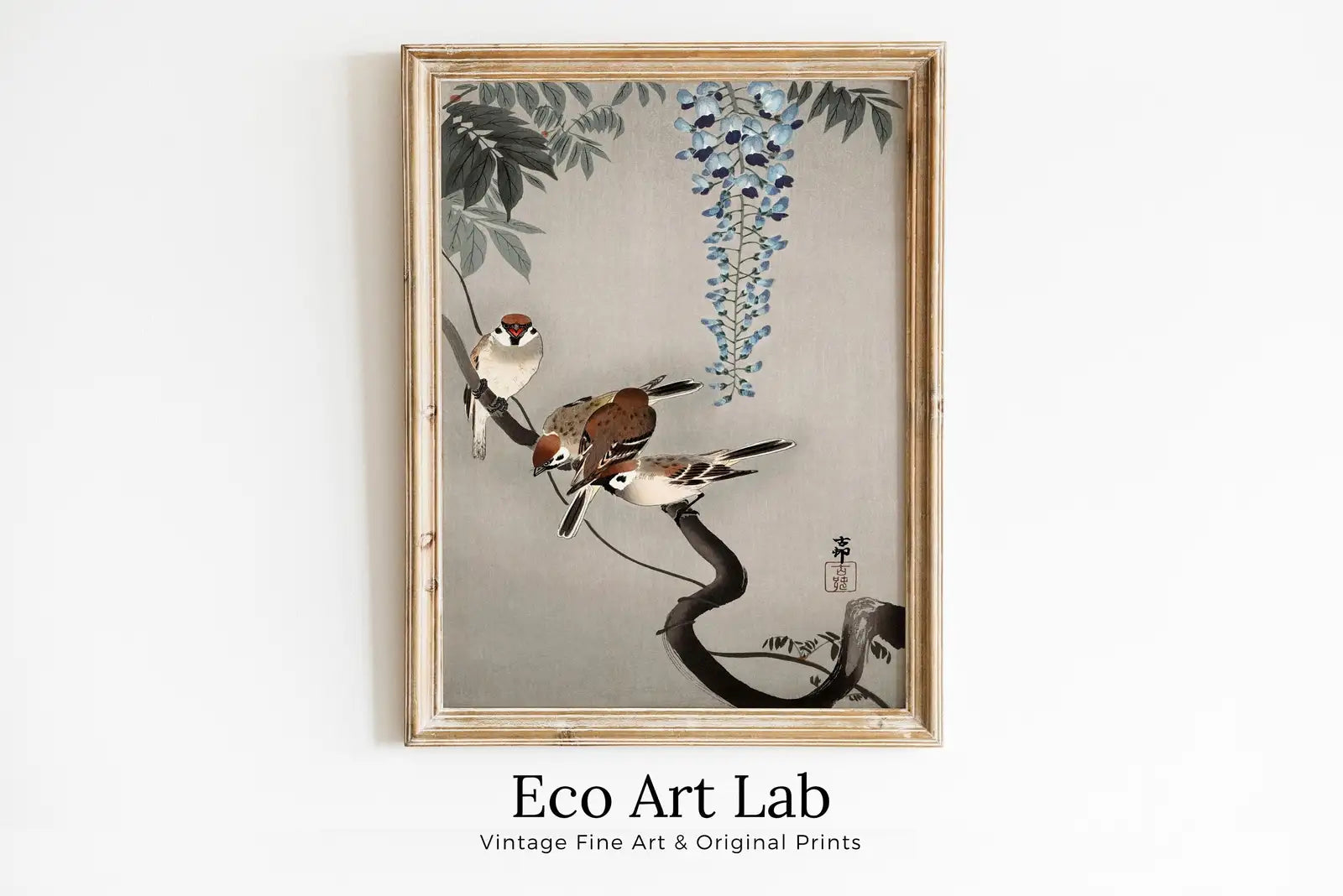 Framed view of Antique Vintage Japanese Art. Old Famous Ring Sparrow Japanese Painting. Vintage Bird Art Print. Downloadable Japanese Poster. Printable Art – printable wall art digital download.