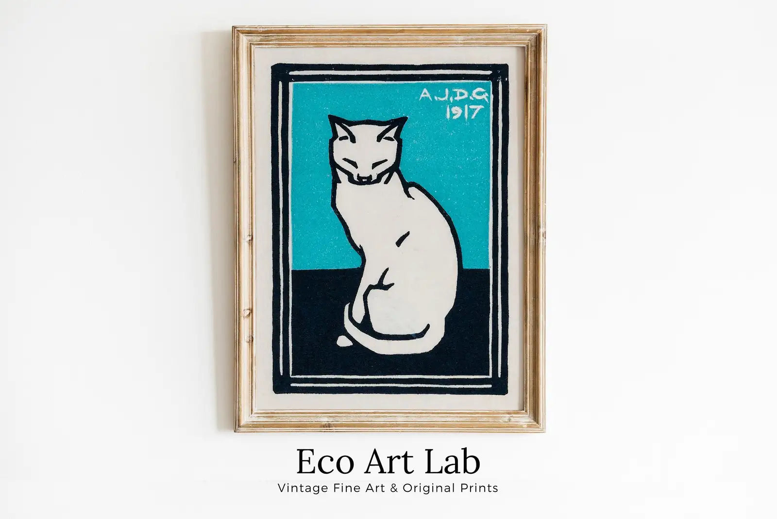 Framed view of Art Nouveau Cat Art Poster - Julie de Graag Printable, Vintage Wall Art, Dark Academia Decor – printable wall art digital download.