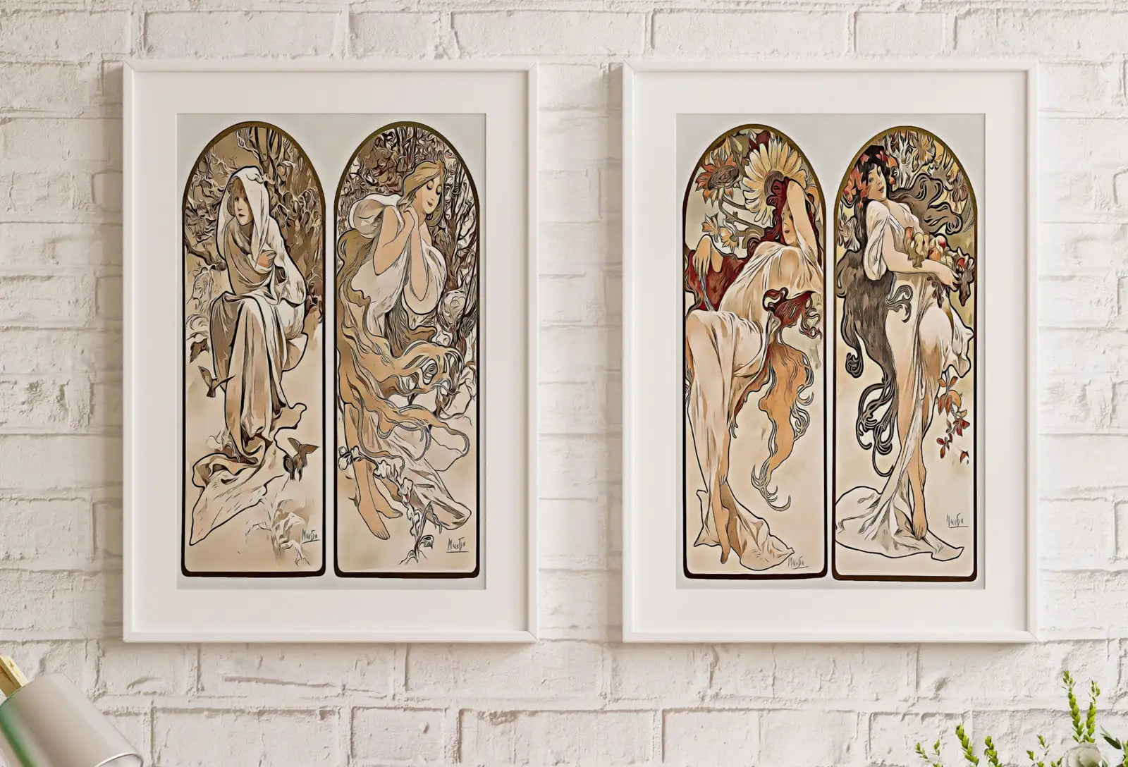 Ensemble d’impressions d’art Art Nouveau de 2 peintures vintage célèbres. Affiche Art Nouveau retravaillée, illustration de femmes pour les saisons. Art mural imprimable.