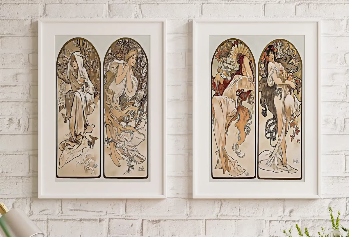 Art Nouveau Print Set of 2 Vintage Painting Famous Art Prints. Reworked Art Nouveau Poster, Seasons Women Illustration. Printable Wall Art – Printable Wall Art Set