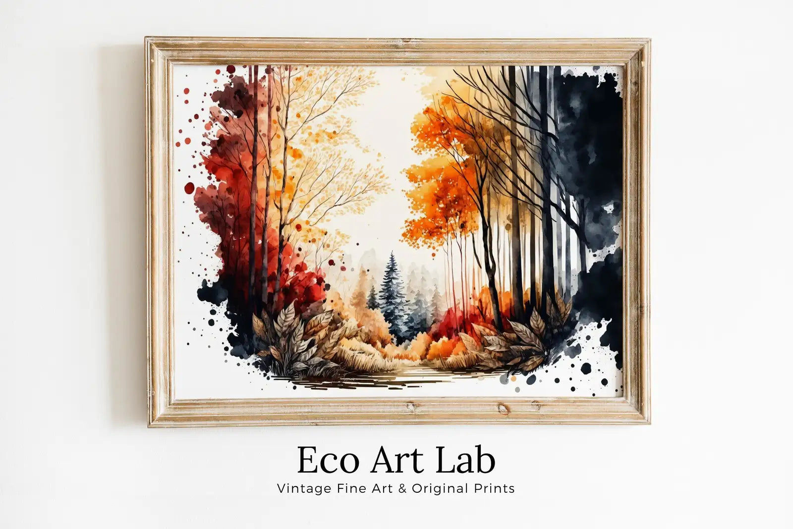 Included artwork preview showing first selection of artworks from Autumn Forest Trees Painting Print. Watercolor Forest Landscape Printable. Printable Wall Art. Digital Art Nature Decor. Mountain Forest Art.