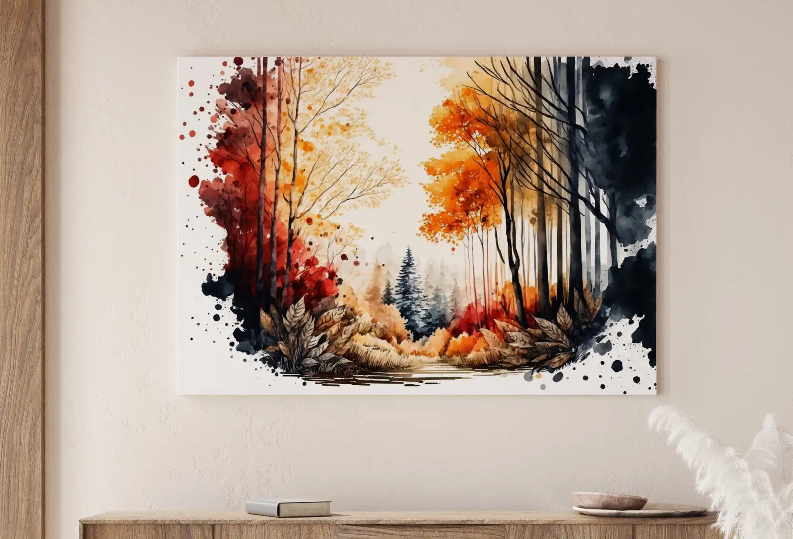 Detail view of artwork from Autumn Forest Trees Painting Print. Watercolor Forest Landscape Printable. Printable Wall Art. Digital Art Nature Decor. Mountain Forest Art. (variation 1)