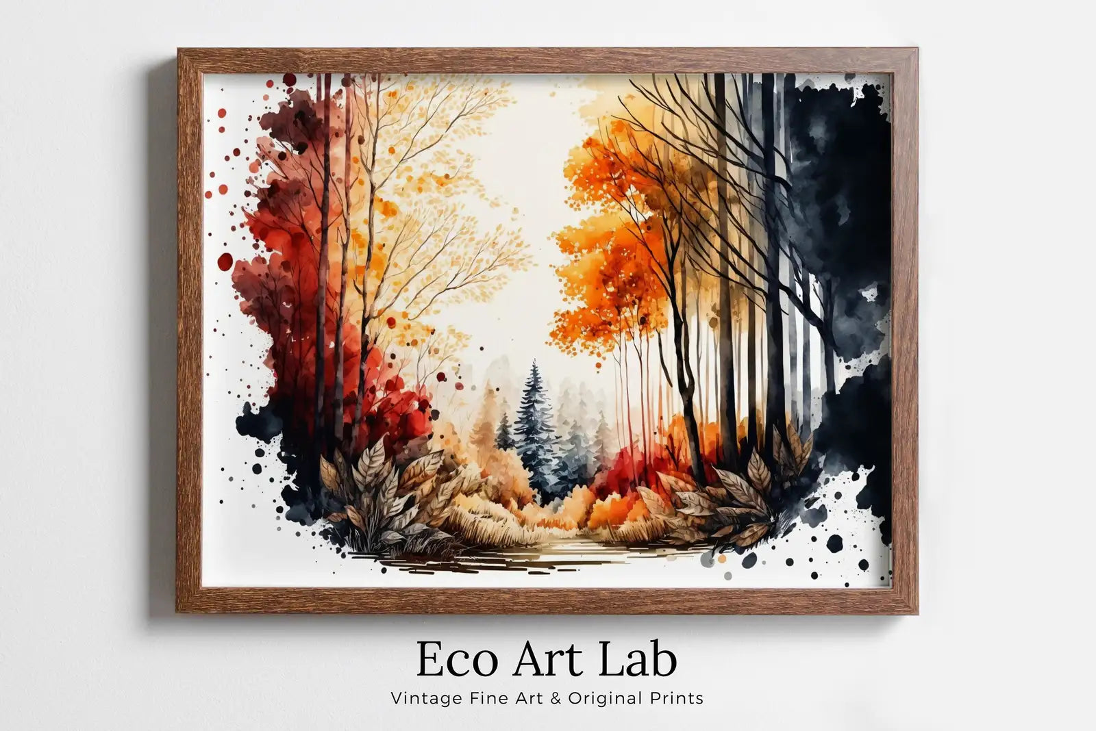 Framed view of Autumn Forest Trees Painting Print. Watercolor Forest Landscape Printable. Printable Wall Art. Digital Art Nature Decor. Mountain Forest Art – printable wall art digital download.