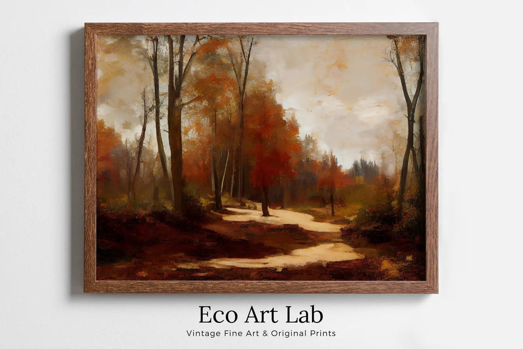 Framed view of Autumn Landscape Forest Trail Rustic Painting. Printable Fall Wall Art, for Home or Office Decor. Nature Print Digital Art Instant Download – printable wall art digital download.