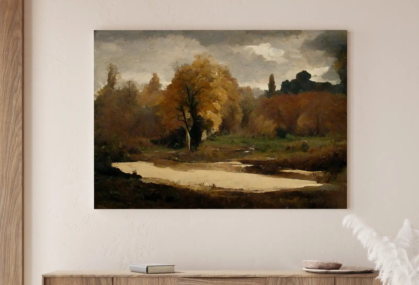 Detail view of artwork from Autumn Landscape Printable Painting. Rustic Fall Art Muted Colors Digital Download. Country Decor Nature Landscape. Moody Vintage Art Print. (variation 1)