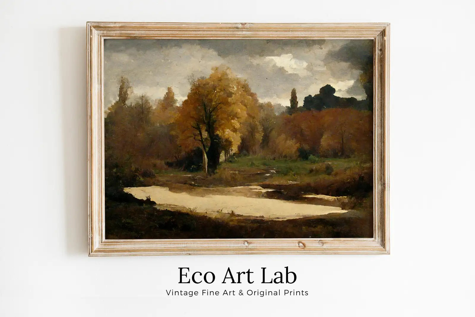 Framed view of Autumn Landscape Printable Painting. Rustic Fall Art Muted Colors Digital Download. Country Decor Nature Landscape. Moody Vintage Art Print – printable wall art digital download.