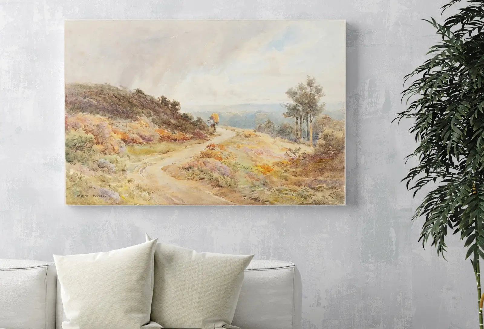 Detail view of artwork from Autumn Meadow Painting Vintage Landscape Print. Country Field Soft Colors Watercolor Painting Autumn Landscape. Farmhouse Country Art Print. (variation 1)