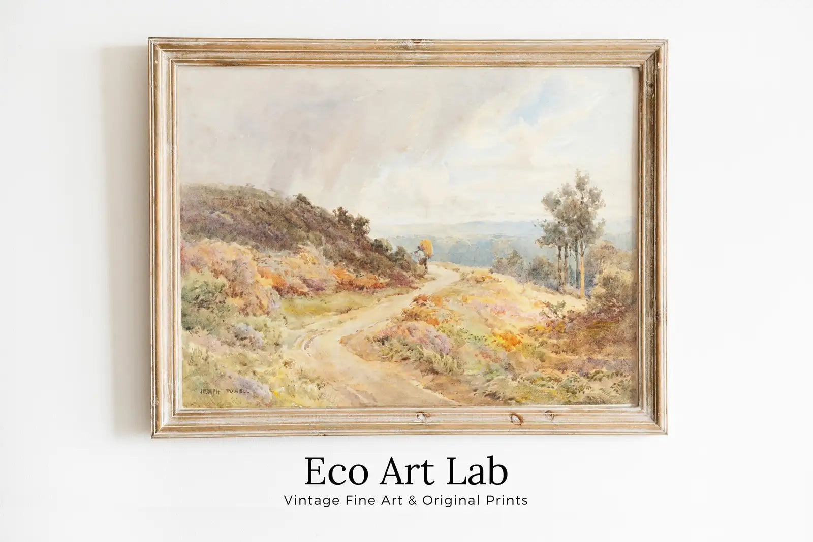 Framed view of Autumn Meadow Painting Vintage Landscape Print. Country Field Soft Colors Watercolor Painting Autumn Landscape. Farmhouse Country Art Print – printable wall art digital download.