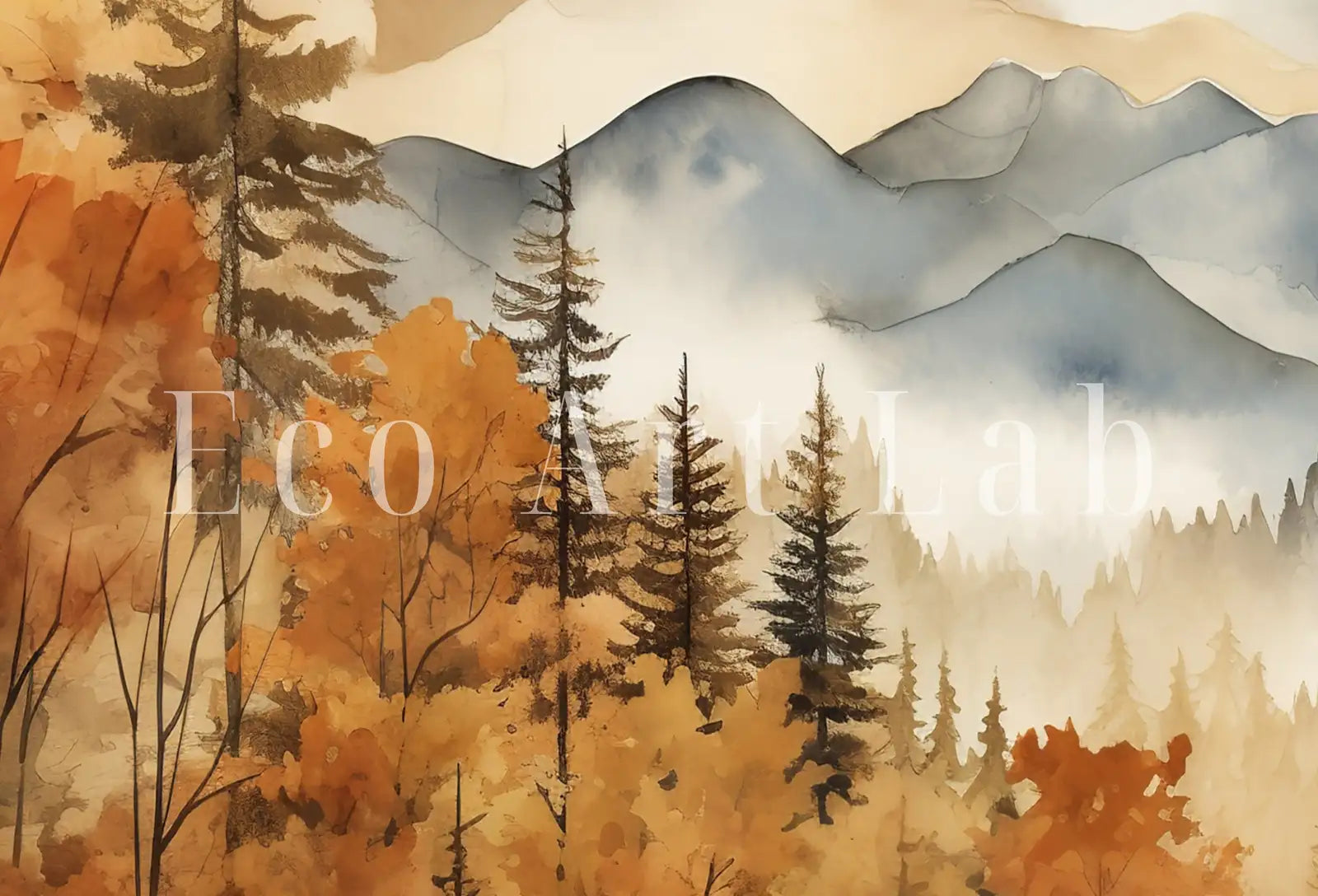 Detail view of artwork from Autumn Watercolor Forest Landscape Printable. Printable Wall Art. Digital Art. Fall Forest Trees Painting Print. Nature Decor. Forest Art. (variation 1)